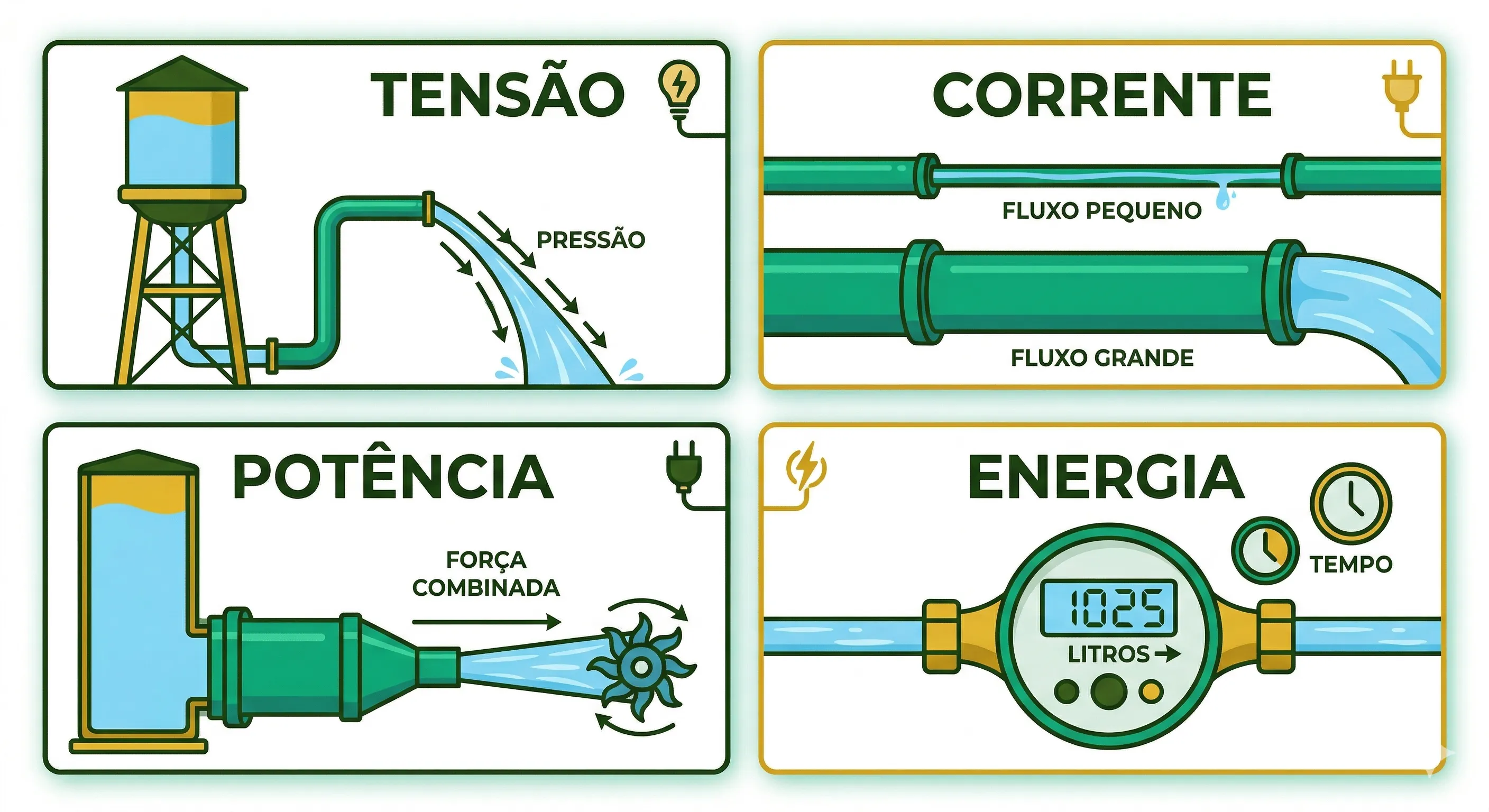 Ilustração comparando eletricidade com água em uma mangueira: tensão como pressão, corrente como fluxo, potência como força total e energia como volume acumulado