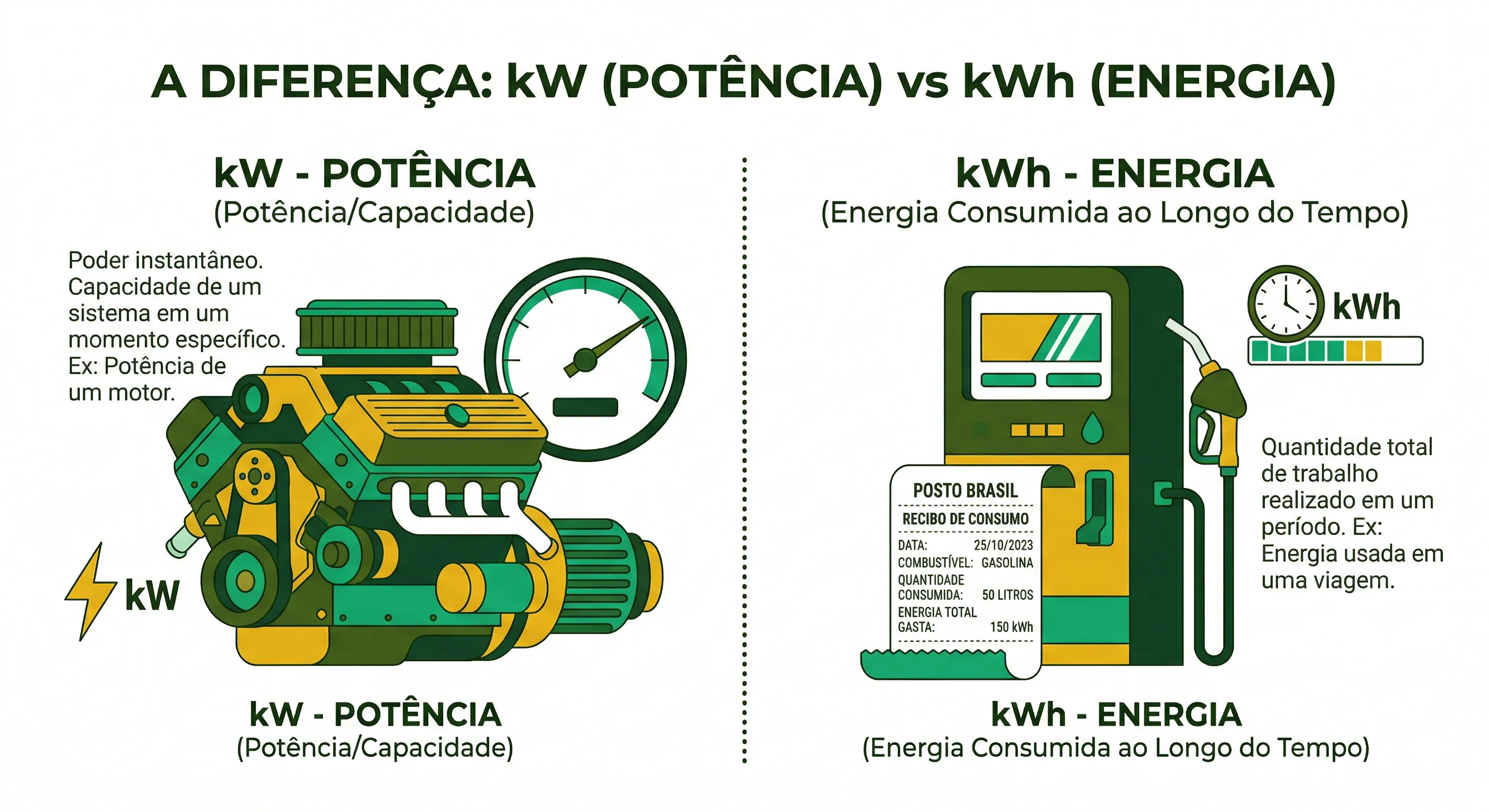 Infográfico comparando kW (potência instantânea, como velocidade do carro) com kWh (energia acumulada, como distância percorrida), mostrando que a conta de luz cobra kWh