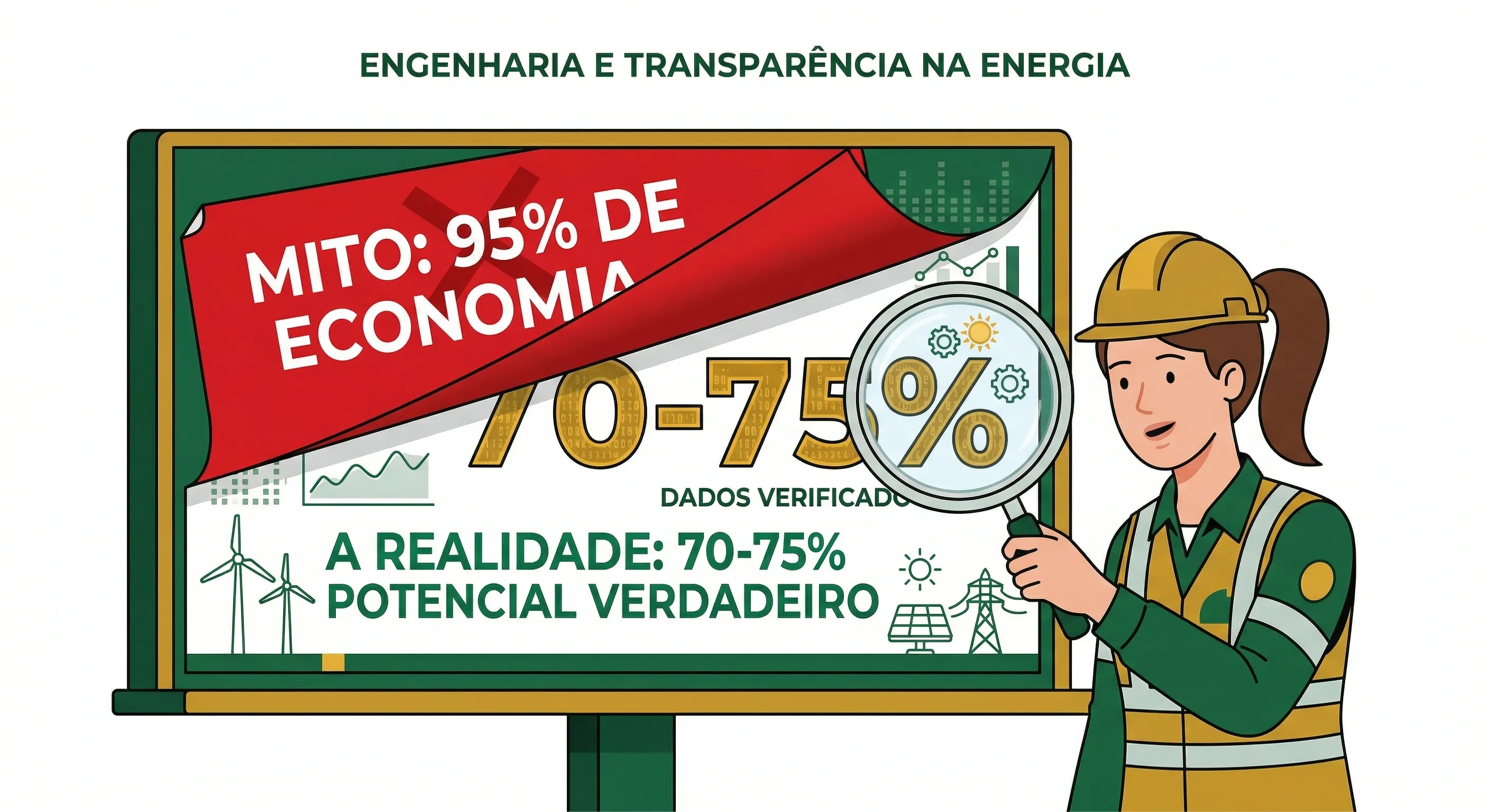 Ilustração comparando a promessa de 95% de economia com a realidade de 70-75%, mostrando os custos ocultos como Fio B, taxa mínima e CIP que impedem a conta de zerar