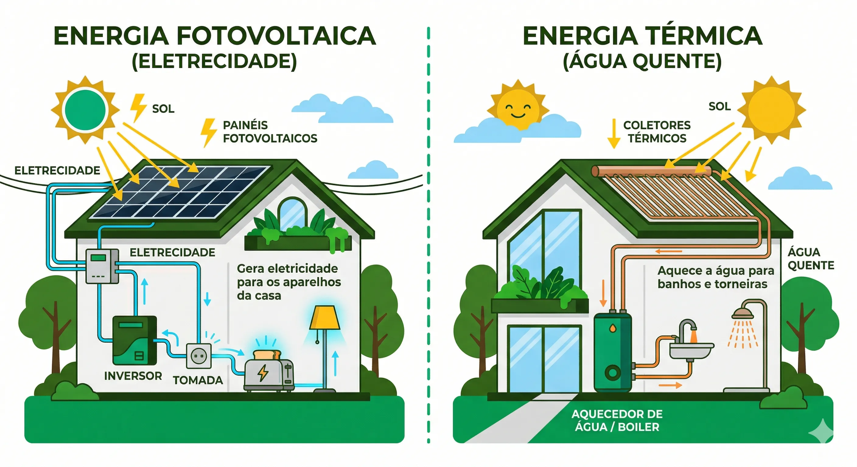 Ilustração lado a lado comparando energia solar fotovoltaica (painéis de silício que geram eletricidade) e energia solar térmica (coletores tubulares com boiler que aquecem água)