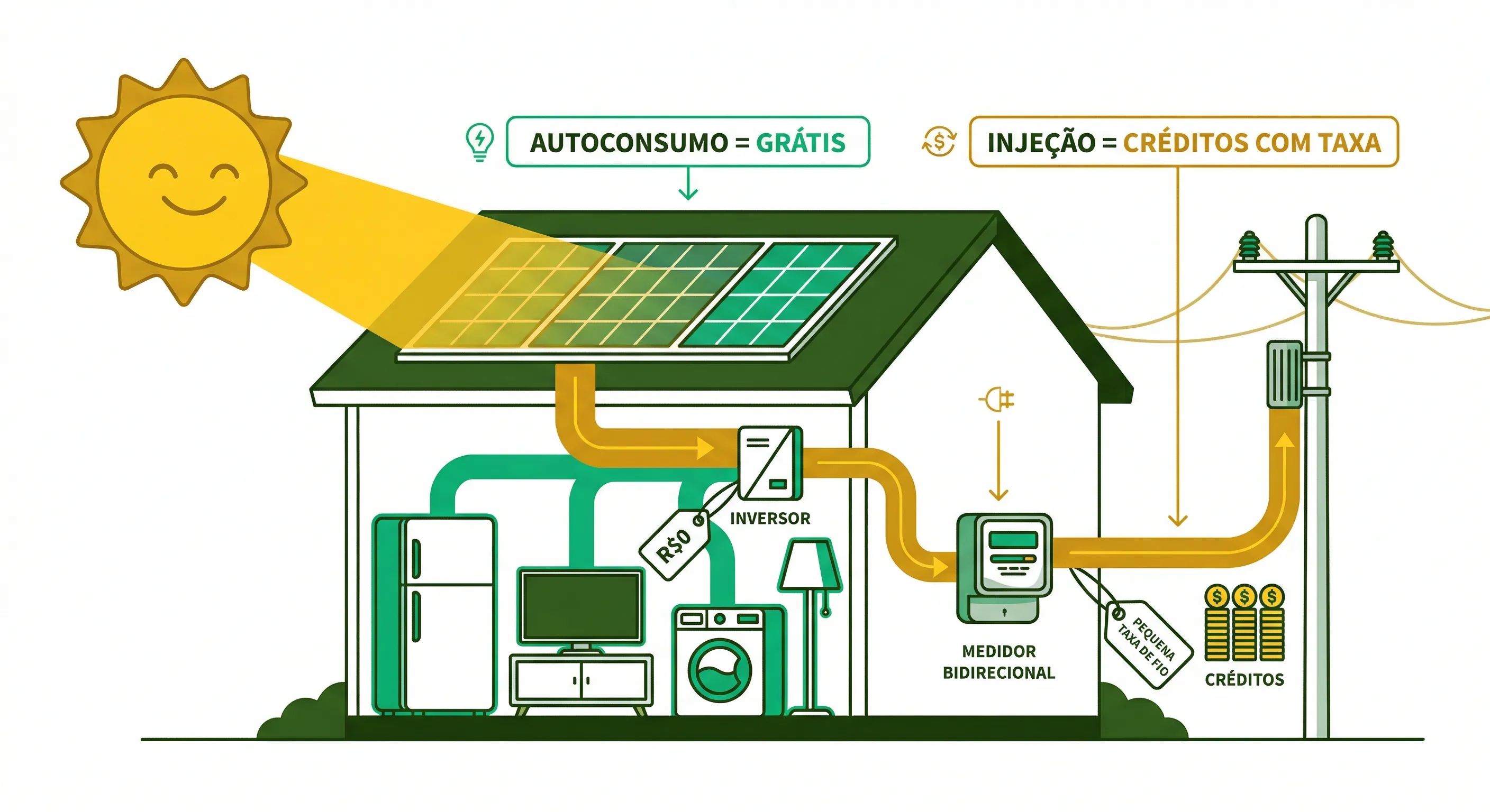 Ilustração mostrando que a geração solar total se divide em duas partes: autoconsumo instantâneo (consumido na hora, custo zero) e injeção na rede (vira crédito, mas paga Fio B)