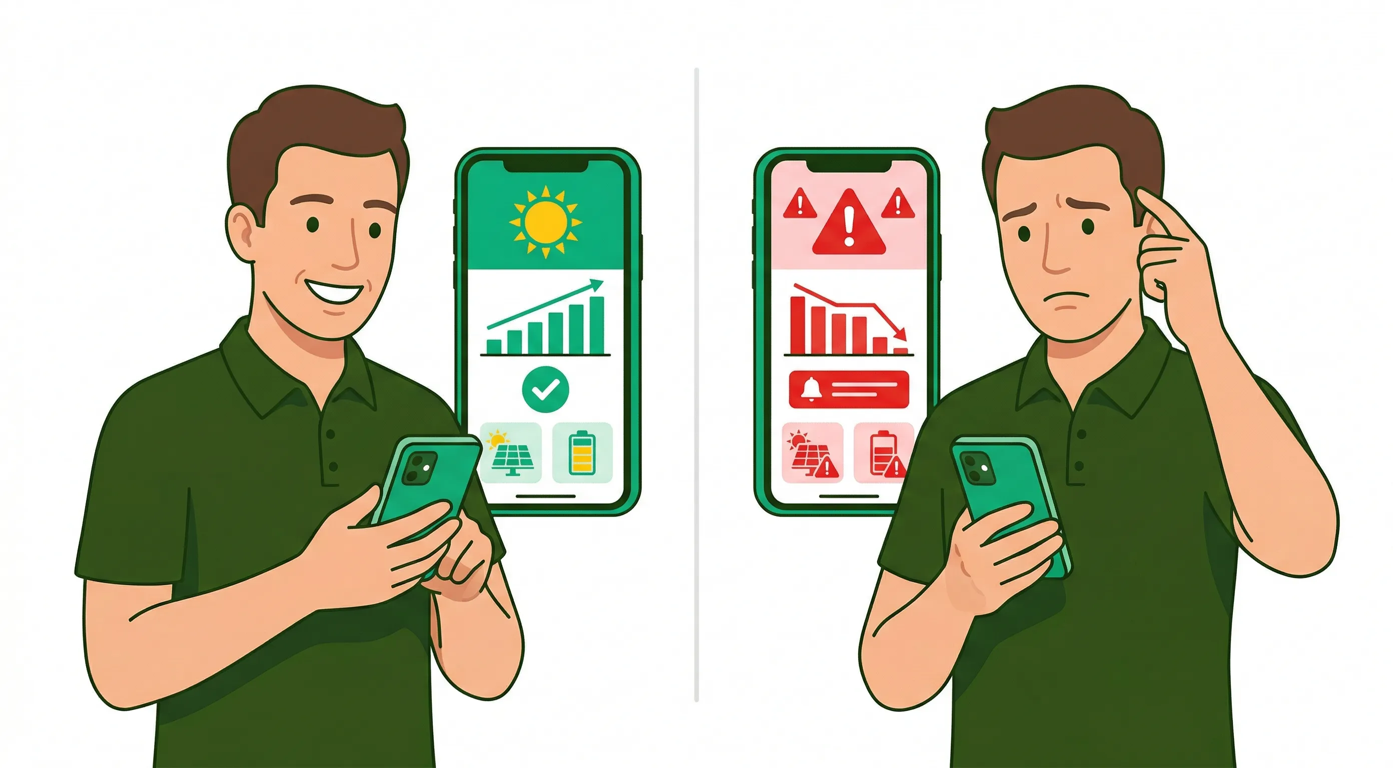 Sistema funcionando bem vs sistema com problema: sinais visuais de alerta