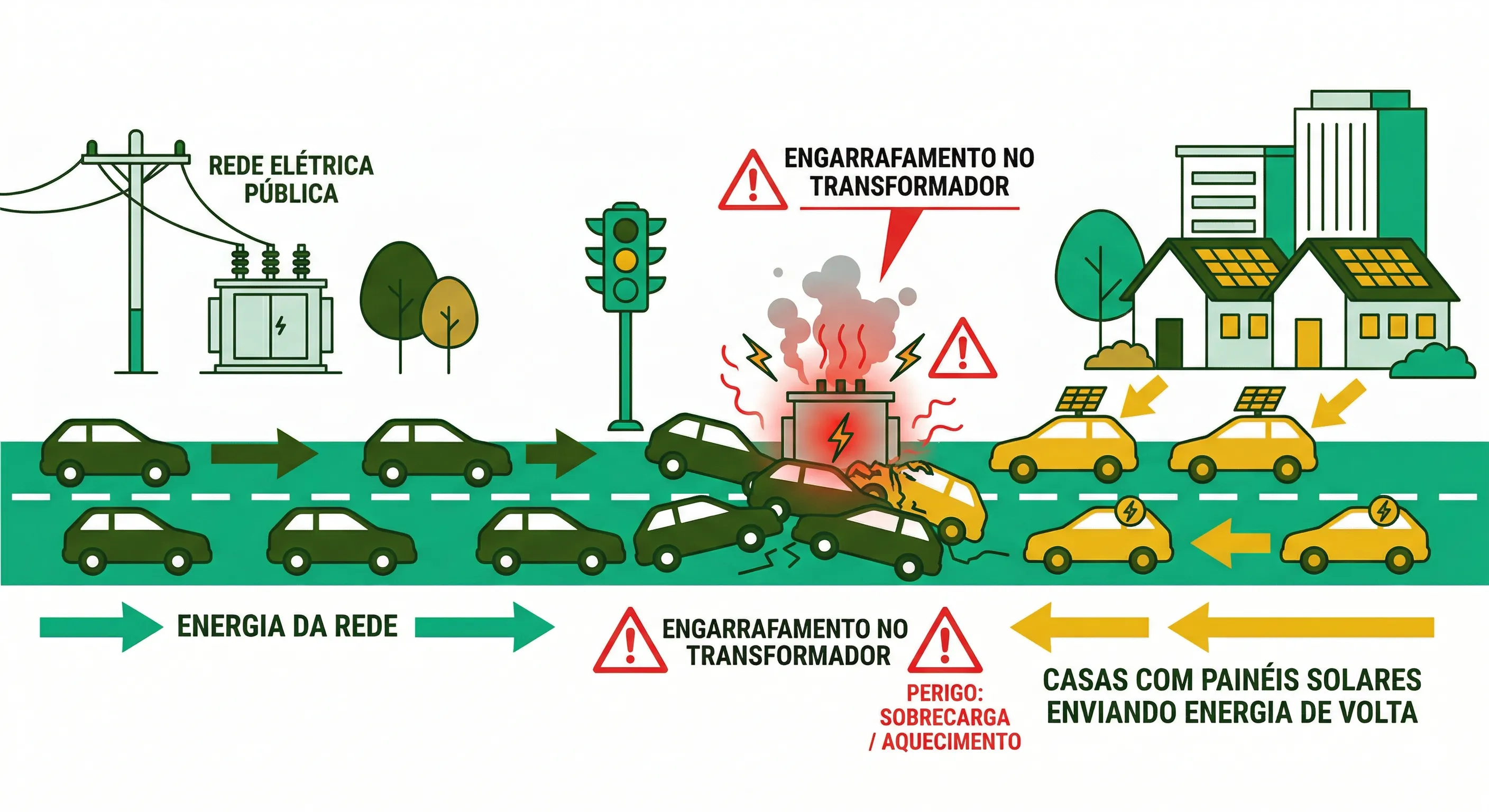 Ilustração de um transformador de poste sobrecarregado com múltiplos sistemas solares injetando energia simultaneamente, causando sobrecarga e aumento de tensão na rede do bairro