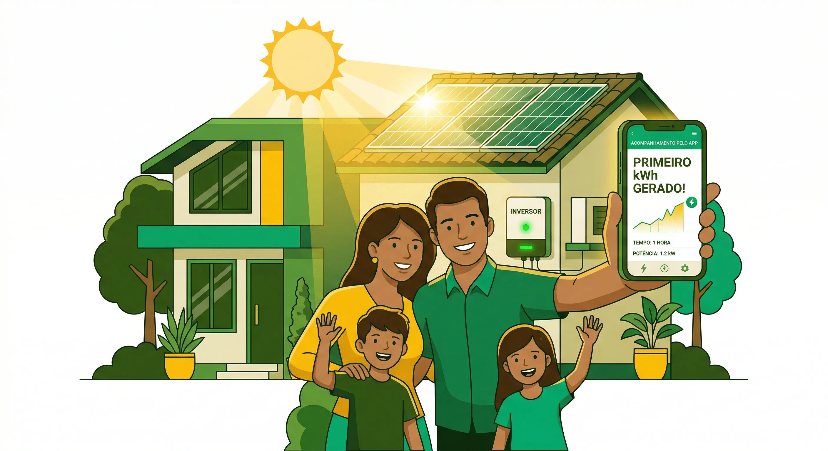 Ilustração de uma família celebrando o primeiro dia do sistema solar: inversor ligado, app mostrando geração em tempo real, painéis no telhado gerando energia sob o sol