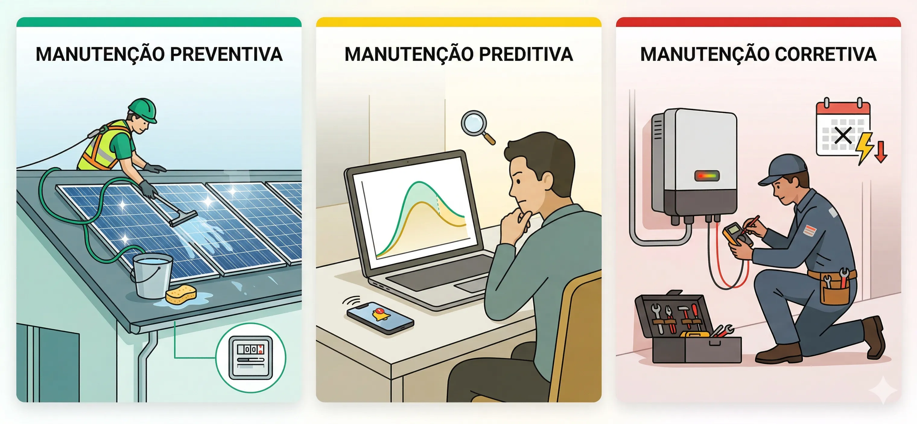 3 tipos de manutenção solar: preventiva, corretiva e preditiva