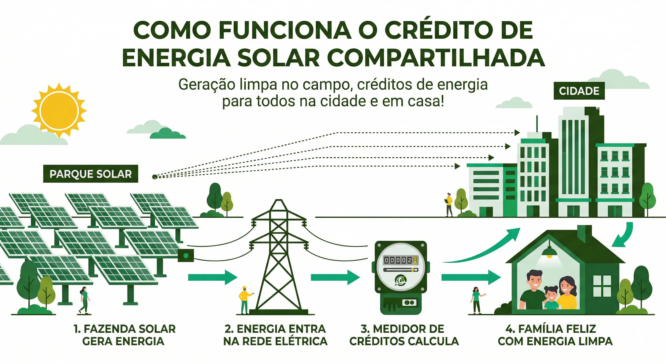 Diagrama do modelo de assinatura solar: usina remota gera energia, créditos são distribuídos entre assinantes e abatidos na conta de luz de cada consumidor