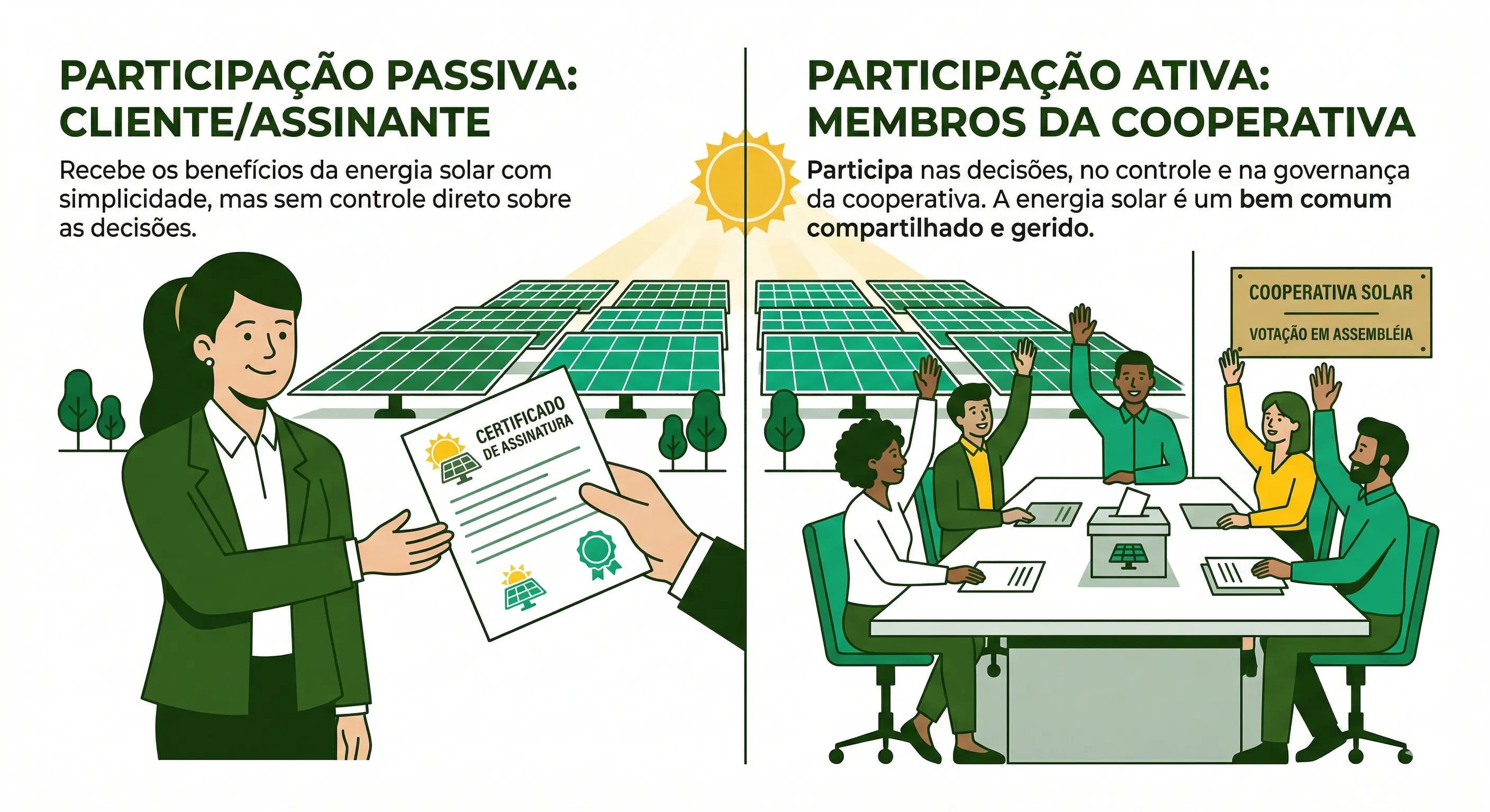 Comparativo visual entre assinatura solar e cooperativa de geração distribuída, destacando diferenças de investimento, desconto, participação e vínculo contratual