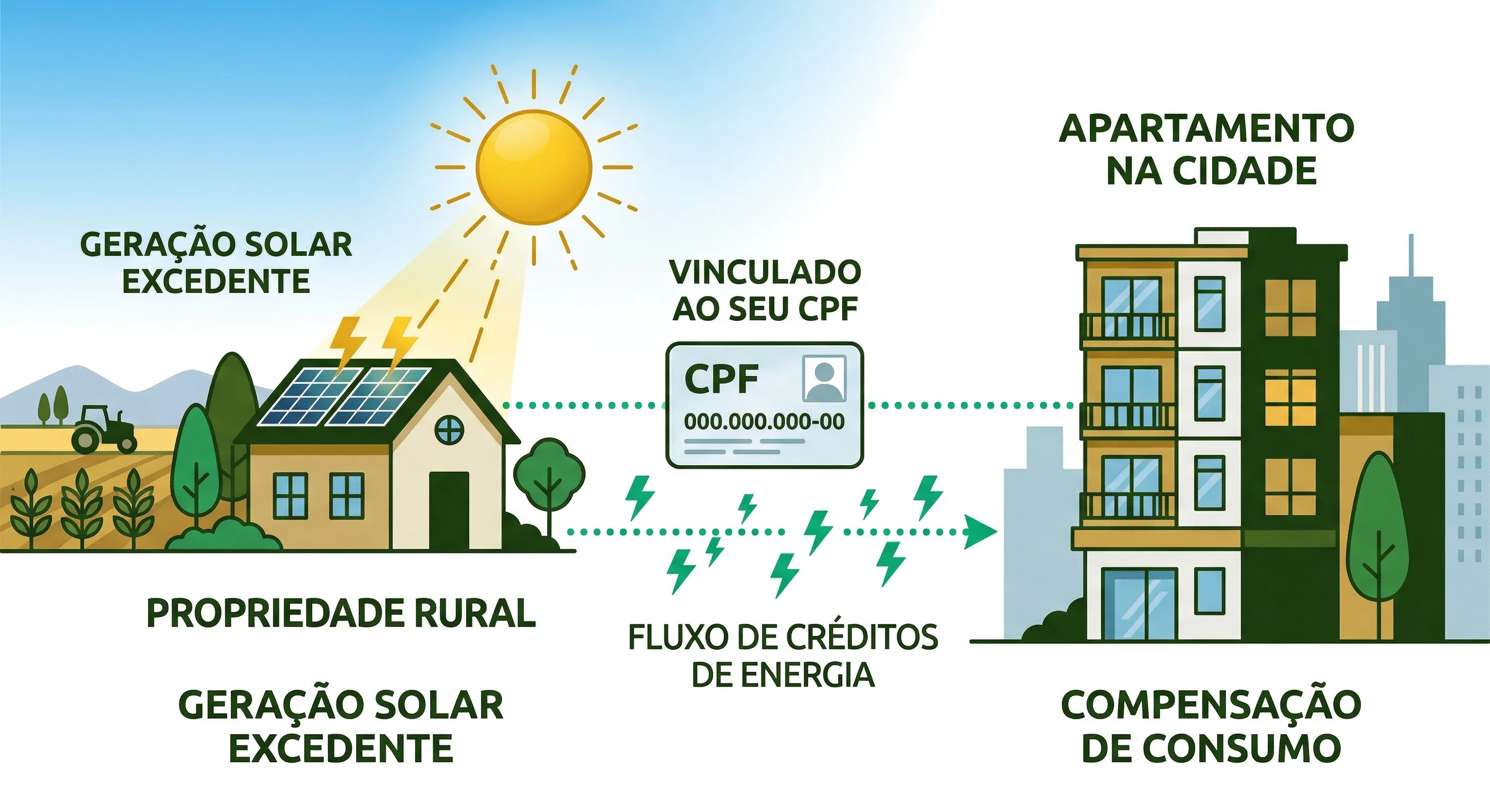 Diagrama de autoconsumo remoto: sistema solar instalado no sítio gera créditos que são transferidos para a conta do apartamento na cidade, desde que no mesmo CPF e mesma distribuidora