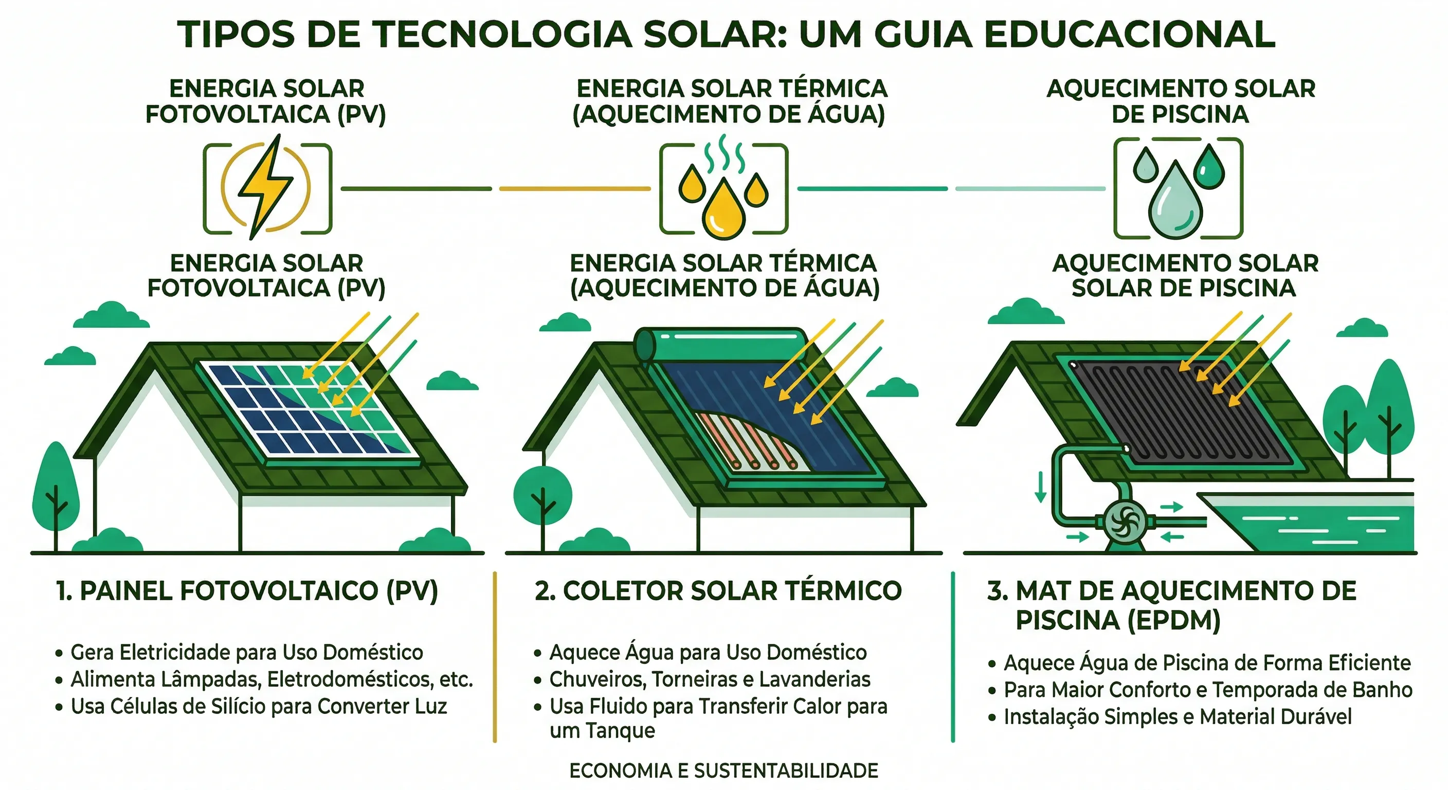 Comparativo visual entre três sistemas solares: fotovoltaico com painéis de silício que gera eletricidade, térmico com coletores de cobre que aquece água, e de piscina com tapetes EPDM