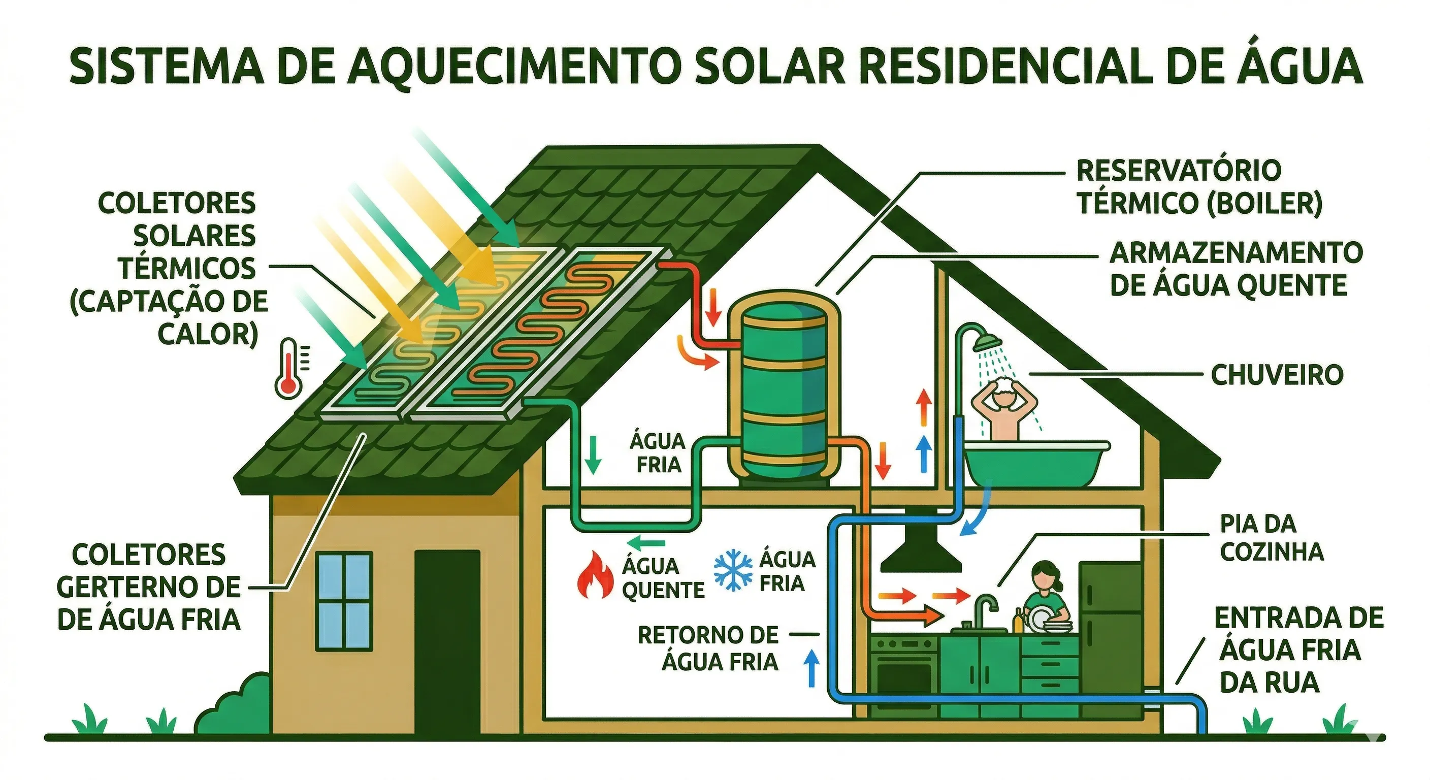 Diagrama de um sistema completo de aquecimento solar de água residencial, mostrando coletores solares no telhado conectados ao reservatório térmico (boiler) e distribuição para chuveiros e torneiras