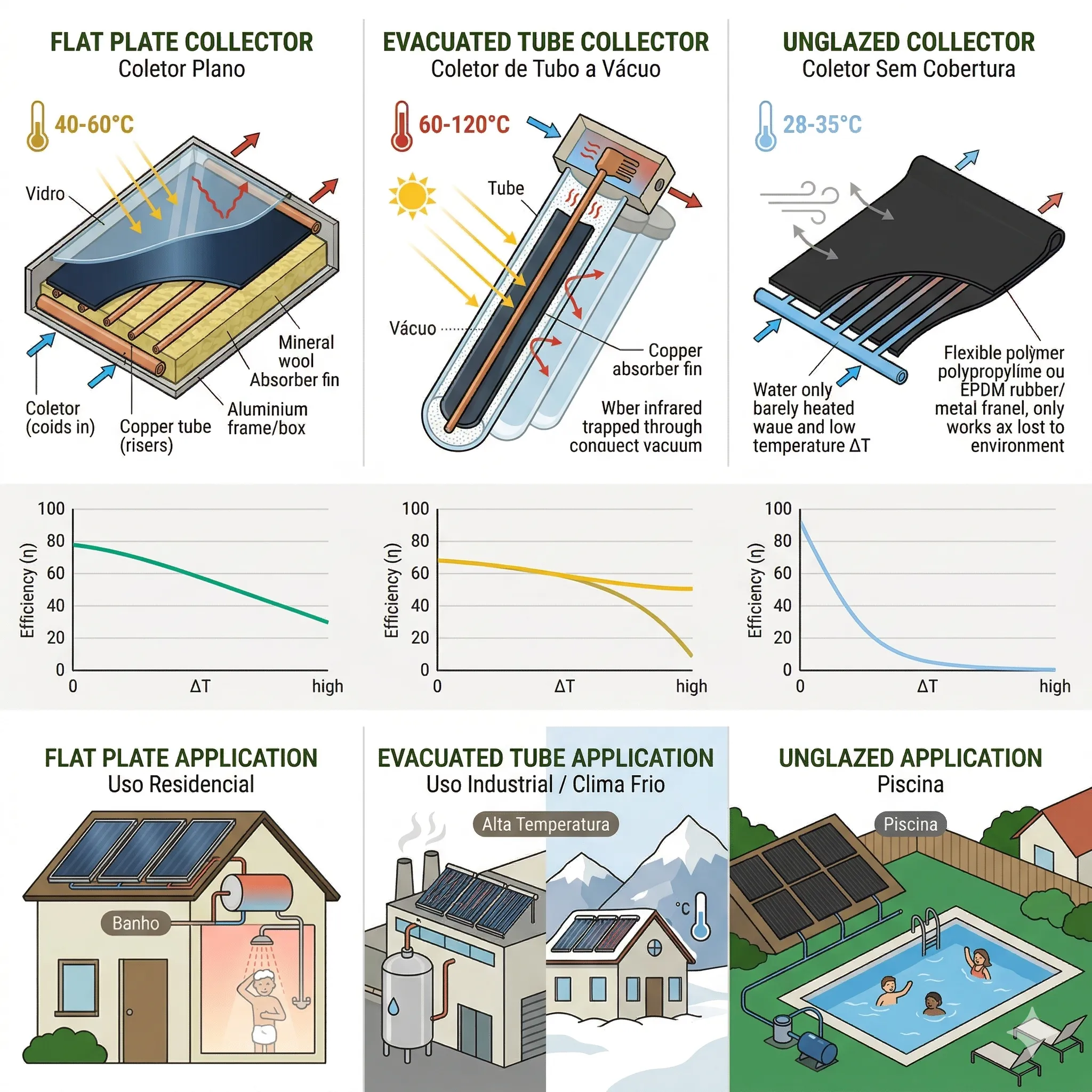 Tipos de coletores solares térmicos: plano, tubo evacuado e de piscina