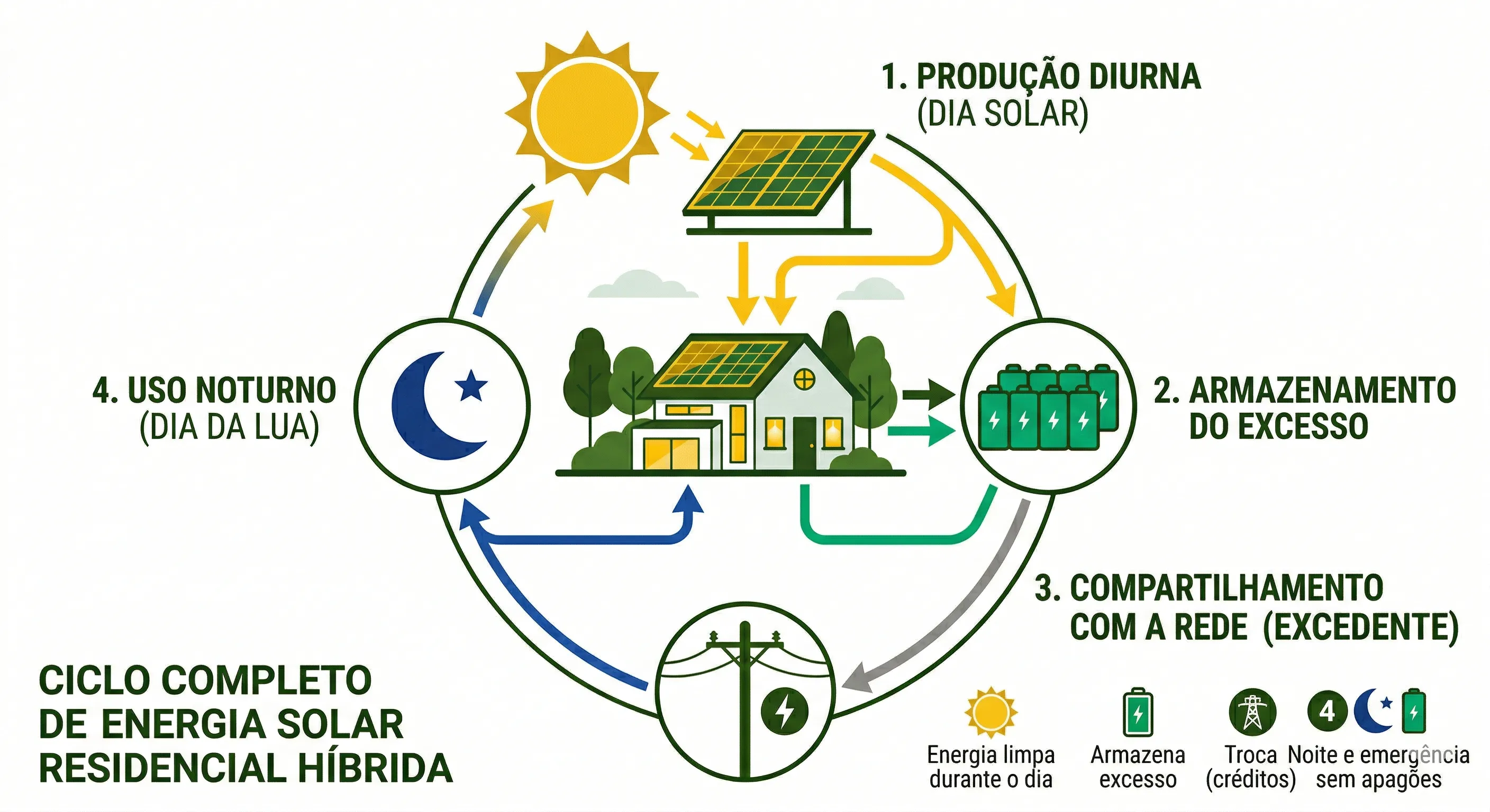 Diagrama circular do fluxo de energia em sistema solar híbrido: painéis alimentam a casa, excedente carrega bateria, sobra vai para a rede, e à noite a bateria supre a demanda