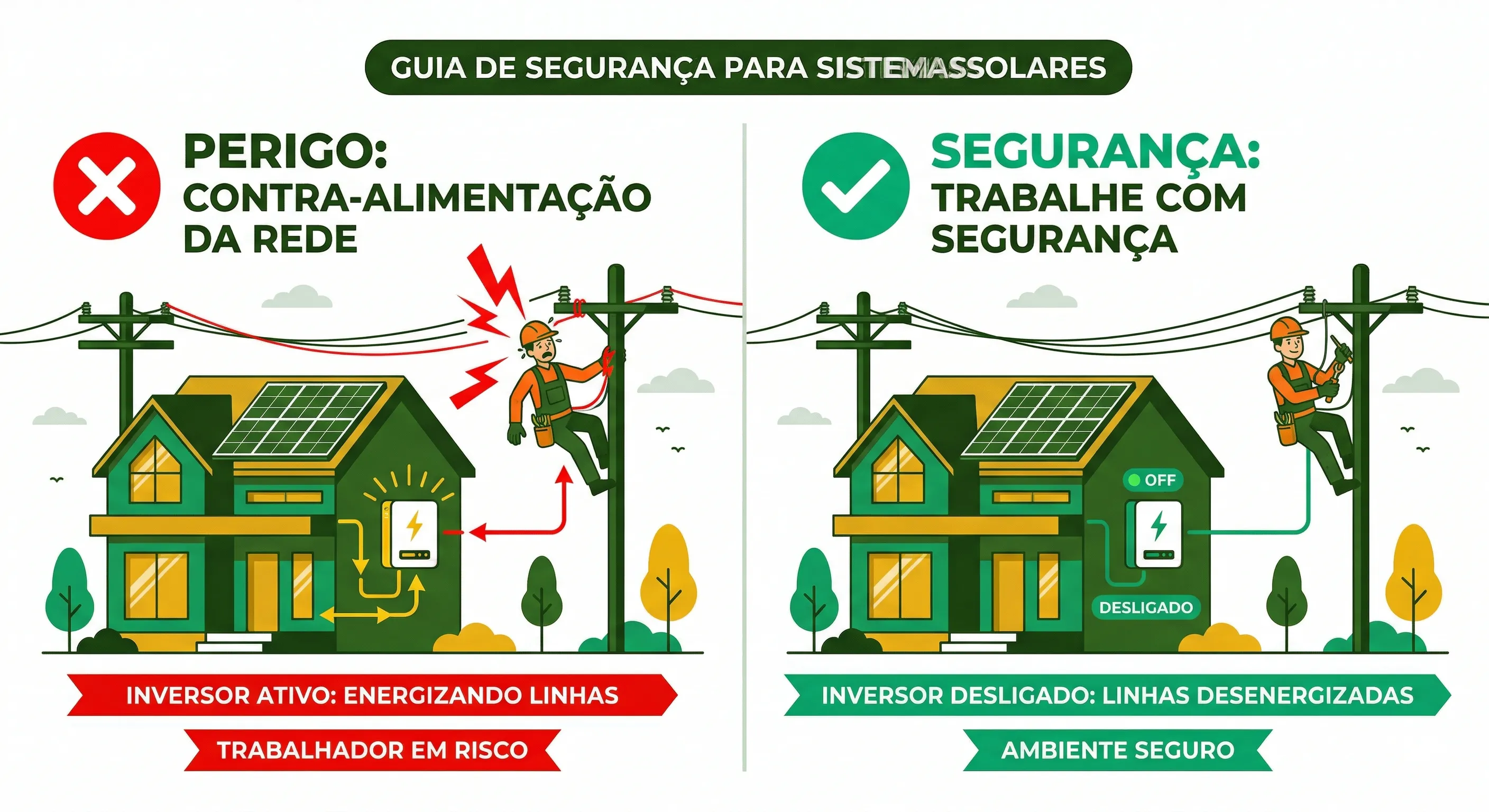 Diagrama ilustrando o mecanismo de anti-ilhamento: quando a rede cai, o inversor solar detecta a ausência de tensão e se desliga automaticamente para proteger eletricistas da distribuidora