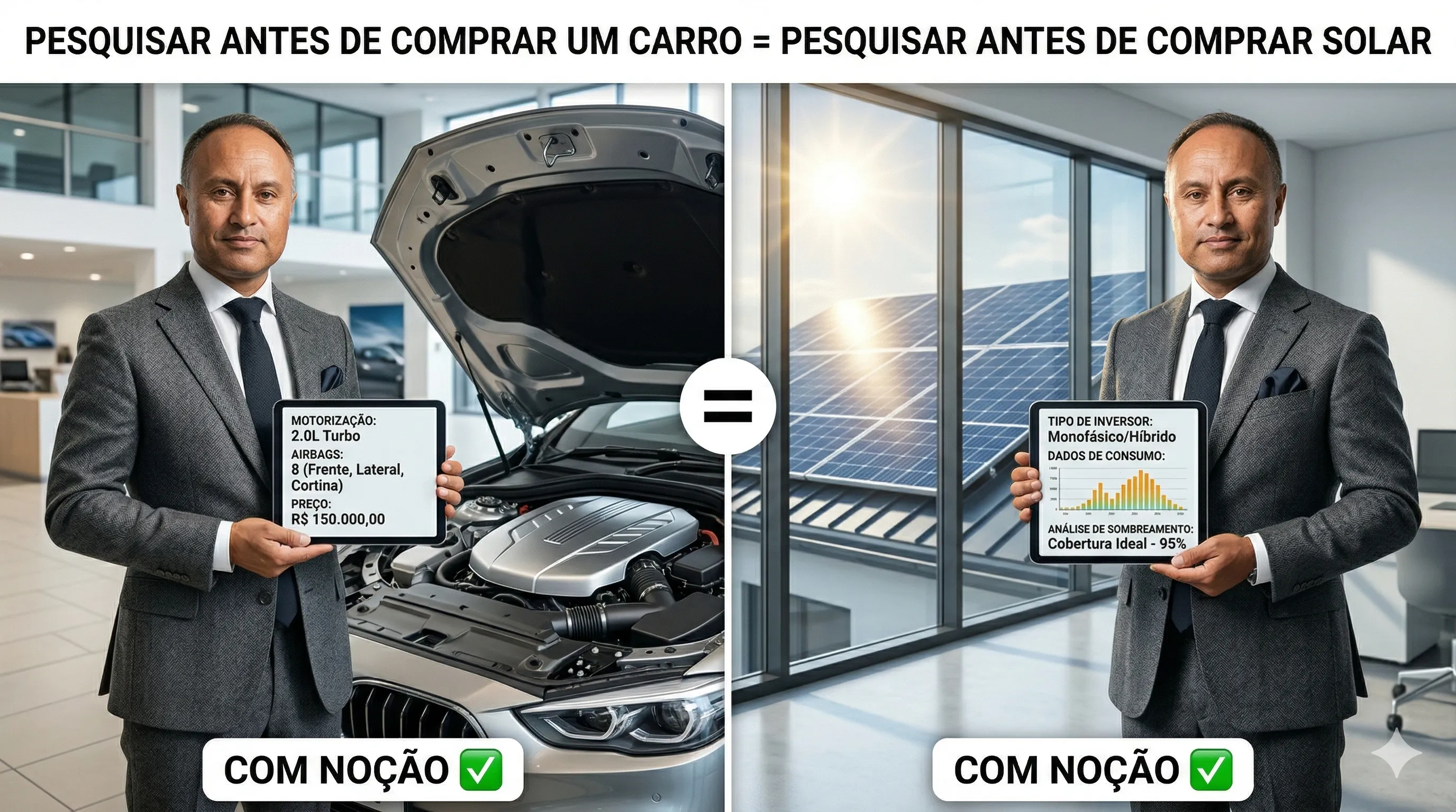 Analogia do Carro Zero — pesquisar antes de comprar carro é como pesquisar antes de comprar energia solar