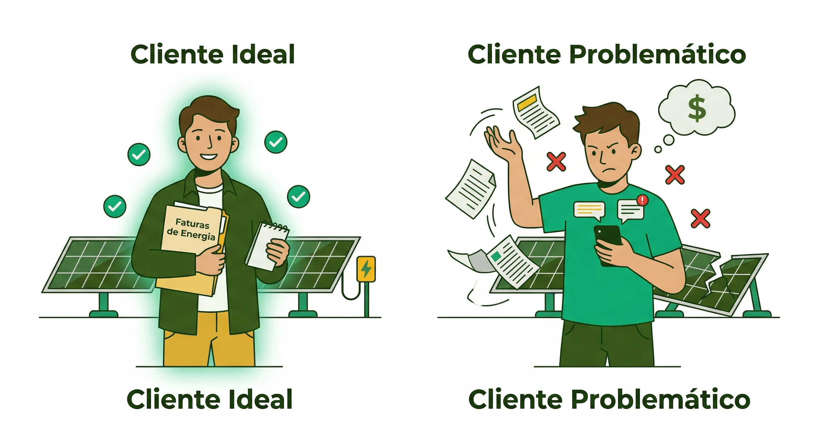 Cliente Ideal versus Cliente Problemático — comparação visual de comportamentos