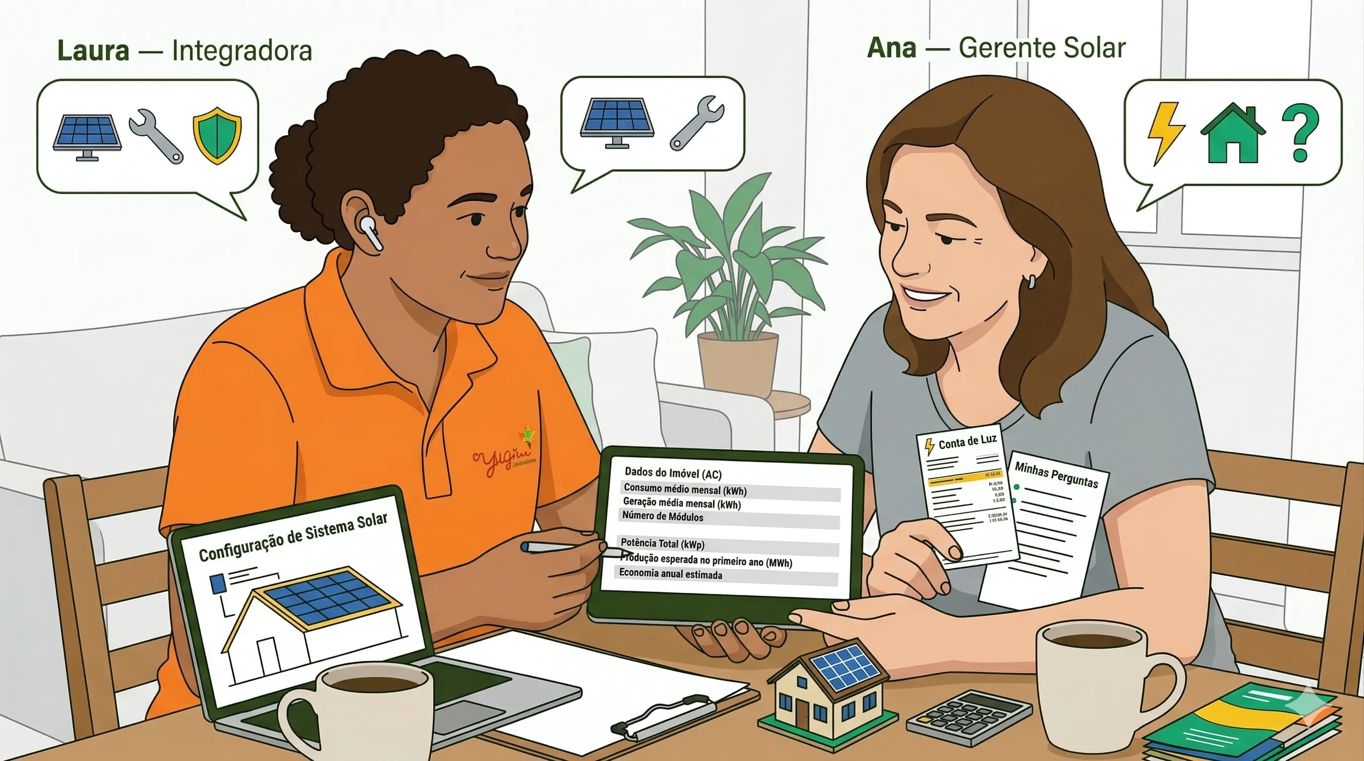 Ana e Laura na conversa inicial — cliente preparada mostrando conta de luz para a integradora