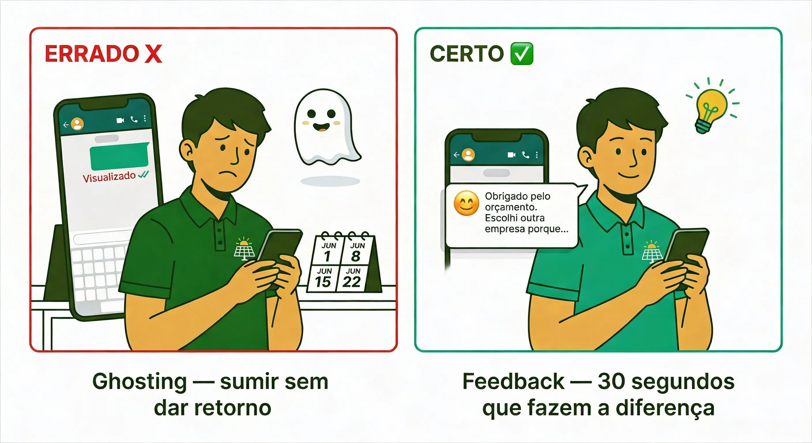 Feedback antes e depois — ghosting versus dar retorno em 30 segundos