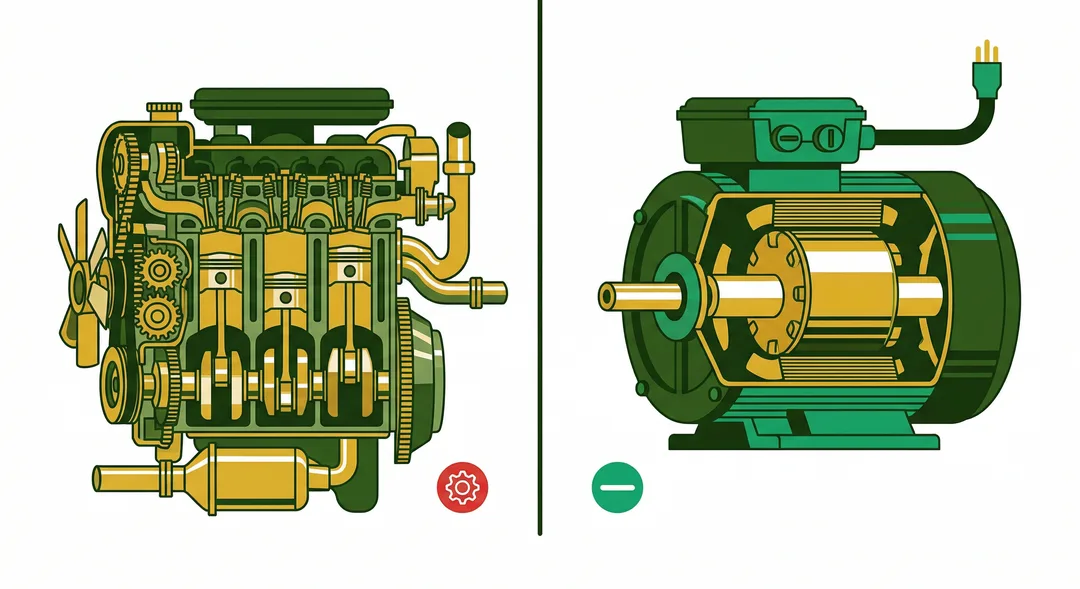 Comparação motor combustão vs motor elétrico — centenas de peças vs dezenas