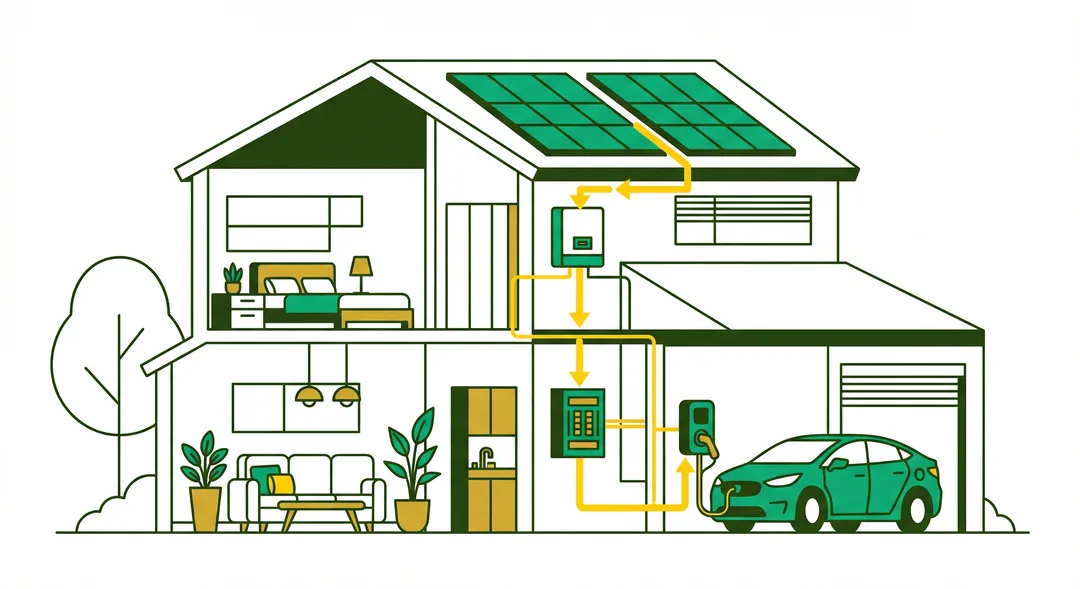 Instalação wallbox residencial — painel elétrico ao carregador no garage com painéis solares
