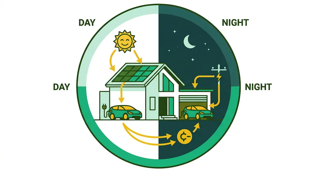 Ciclo solar + carro elétrico — dia carrega com sol, noite usa créditos