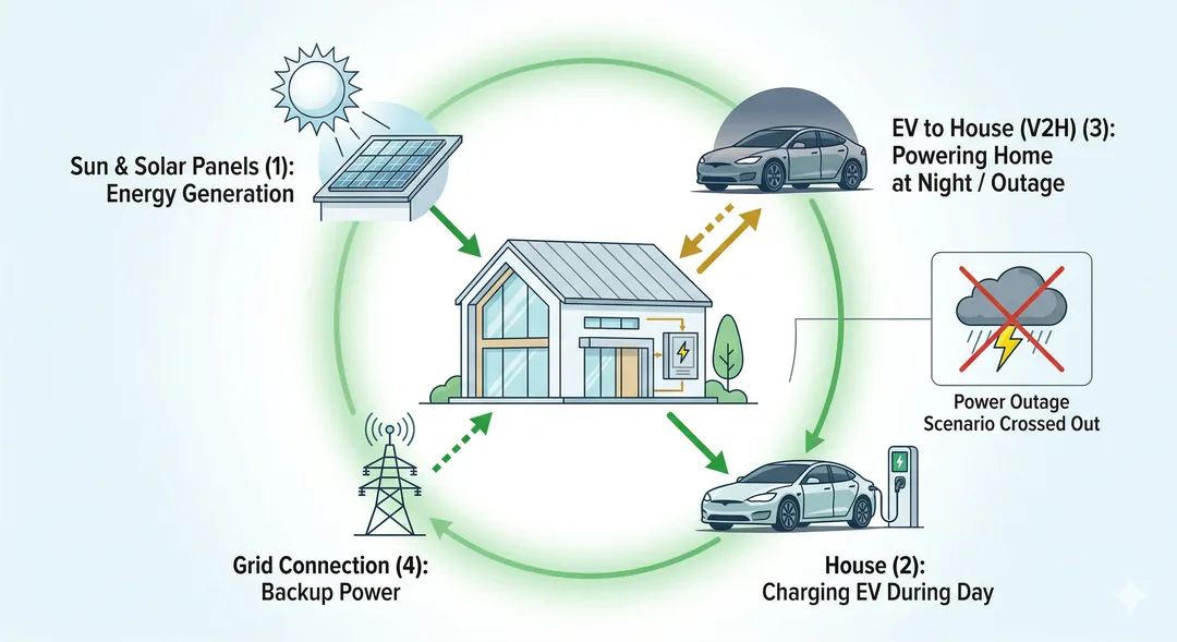 V2H ecossistema — sol alimenta casa e carro de dia, carro alimenta casa à noite