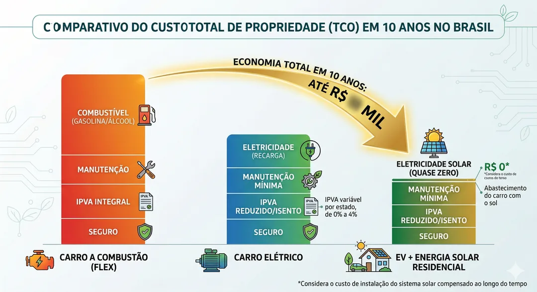 Custo total 10 anos — combustão vs elétrico vs elétrico+solar