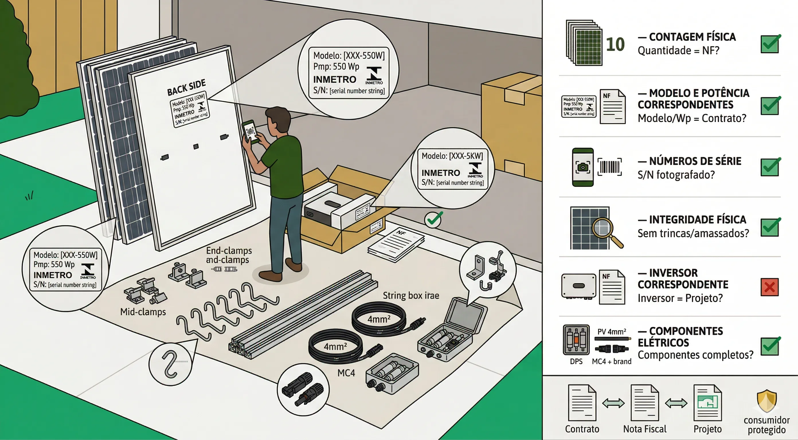 Conferência do kit solar: inspeção visual peça por peça com o romaneio