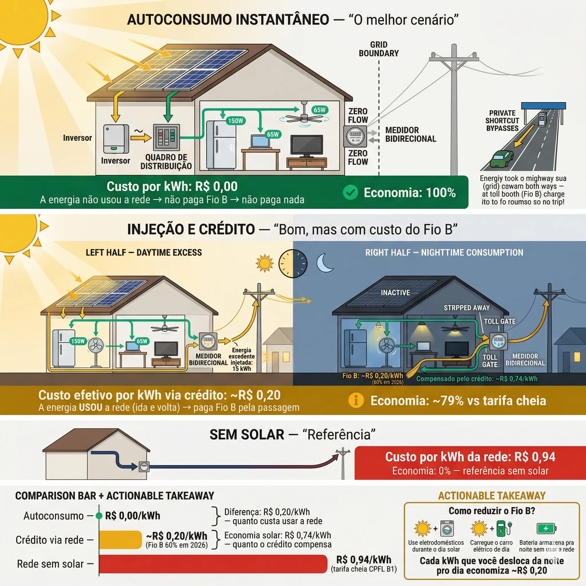 Autoconsumo instantâneo vs créditos de energia: a diferença que define sua economia