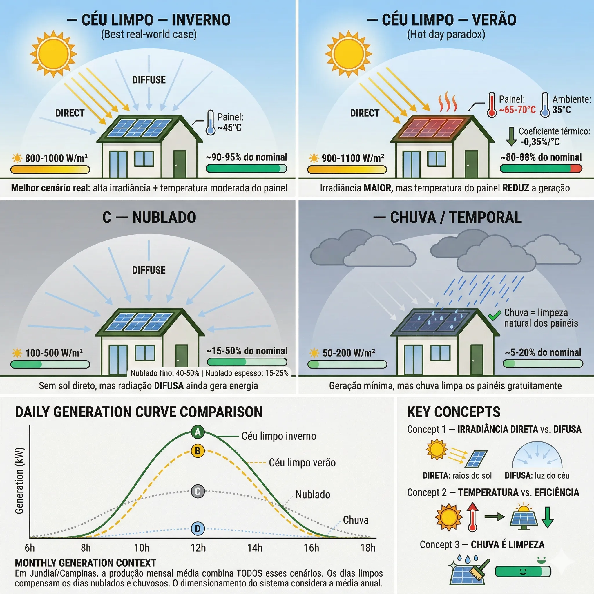 Funciona na chuva? Sim — painéis geram com luz difusa, não precisa de sol direto
