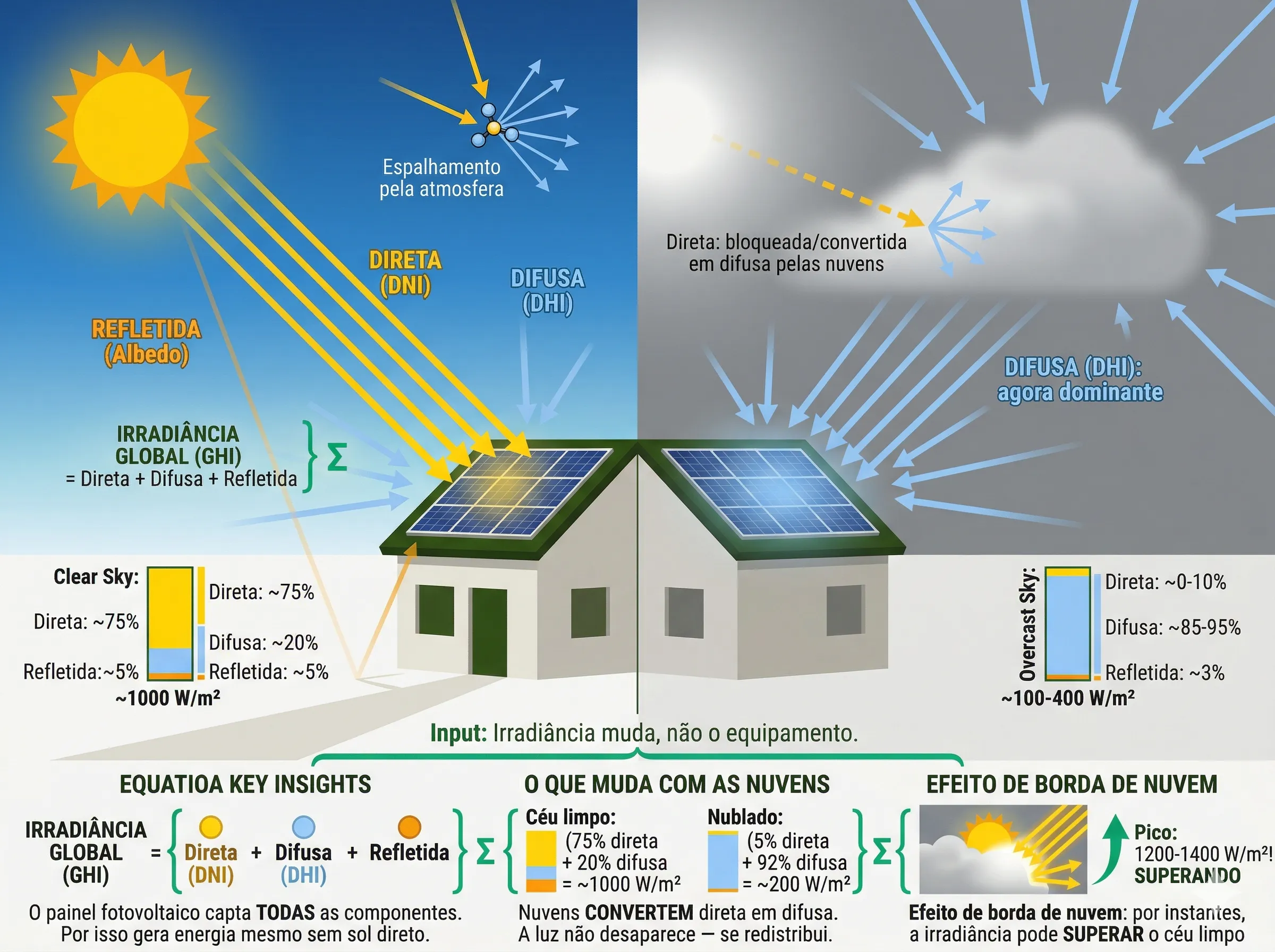 Irradiação direta vs difusa: por que o Brasil gera solar o ano todo