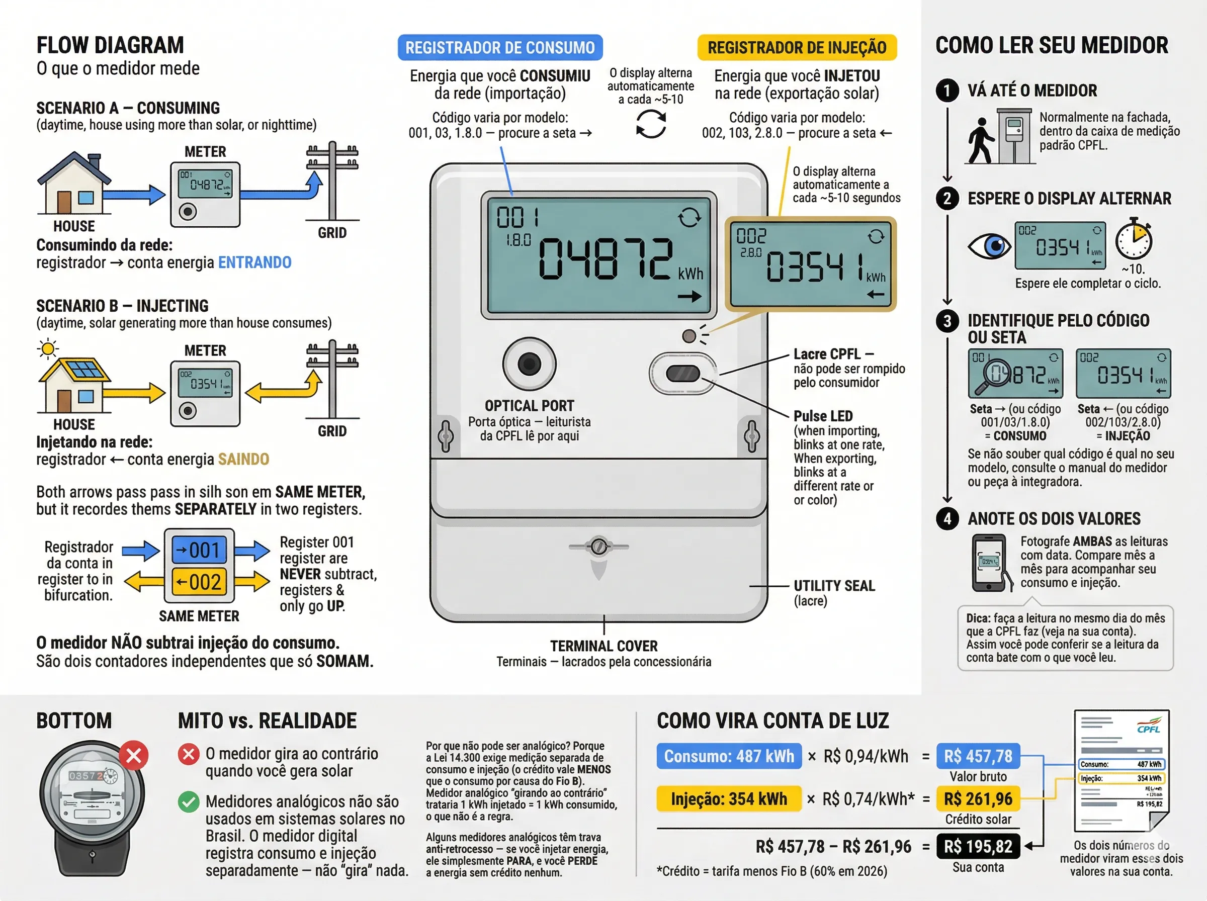Medidor bidirecional: como a concessionária contabiliza créditos e consumo