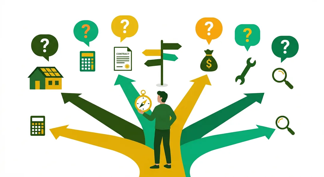 Guia de Decisão — pessoa em encruzilhada com bússola dourada apontando para painéis solares