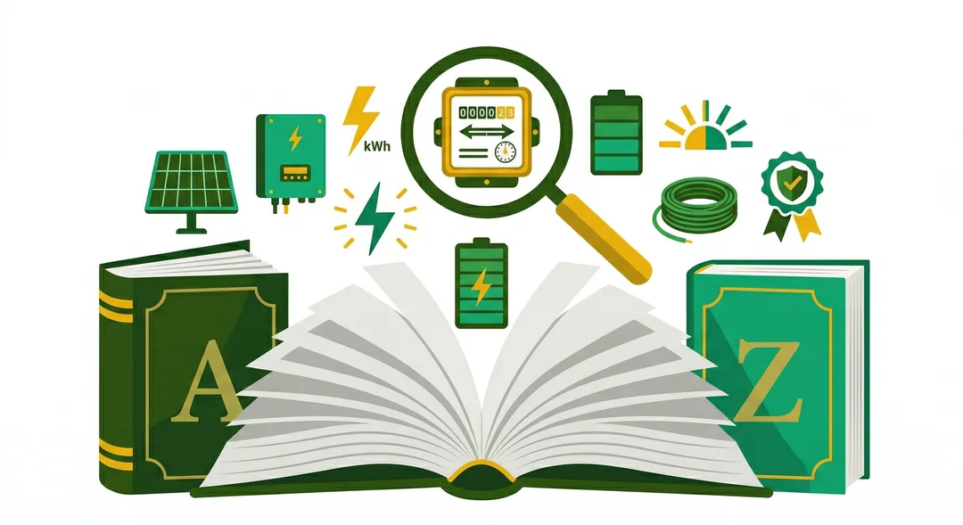 Glossário Técnico — livro aberto com ícones de energia solar emergindo das páginas