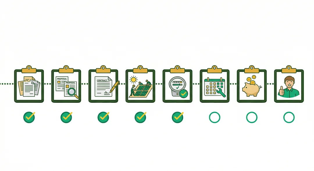 Checklists Práticos — timeline de 8 estações da jornada solar com clipboards