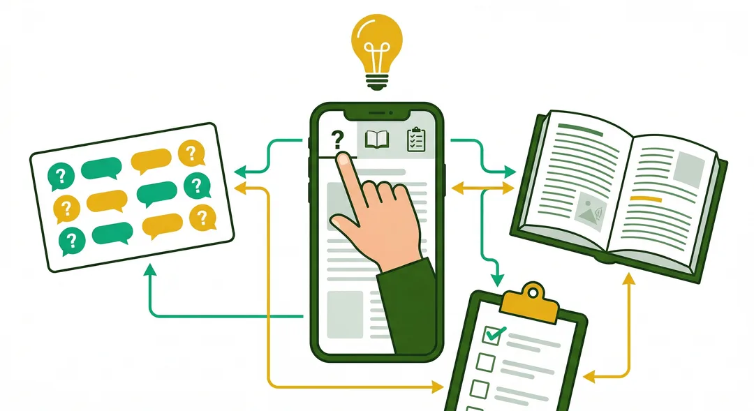 Como Usar — smartphone com 3 abas conectando FAQ, Glossário e Checklists