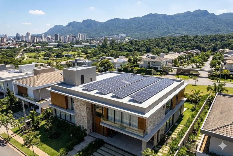 Casa com painéis solares instalados em laje de concreto plana — vista aérea