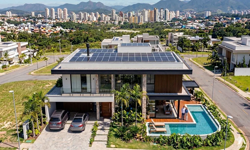 Casa moderna com painéis solares instalados em telhado metálico sanduíche — vista aérea