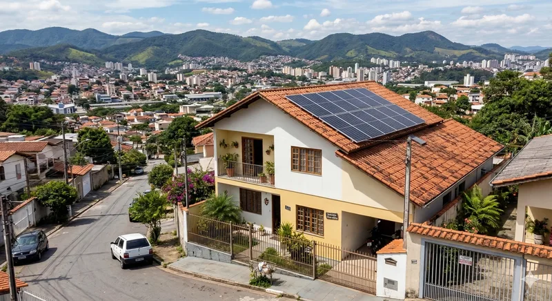 Casa residencial com painéis solares instalados em telhado cerâmico colonial — vista aérea