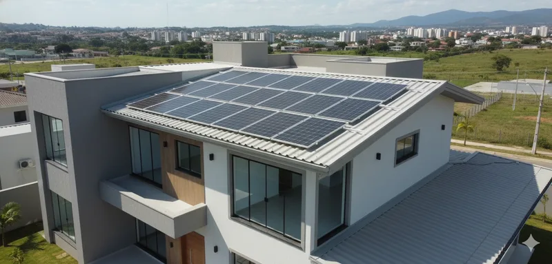 Casa com painéis solares instalados em telhado de fibrocimento — vista aérea