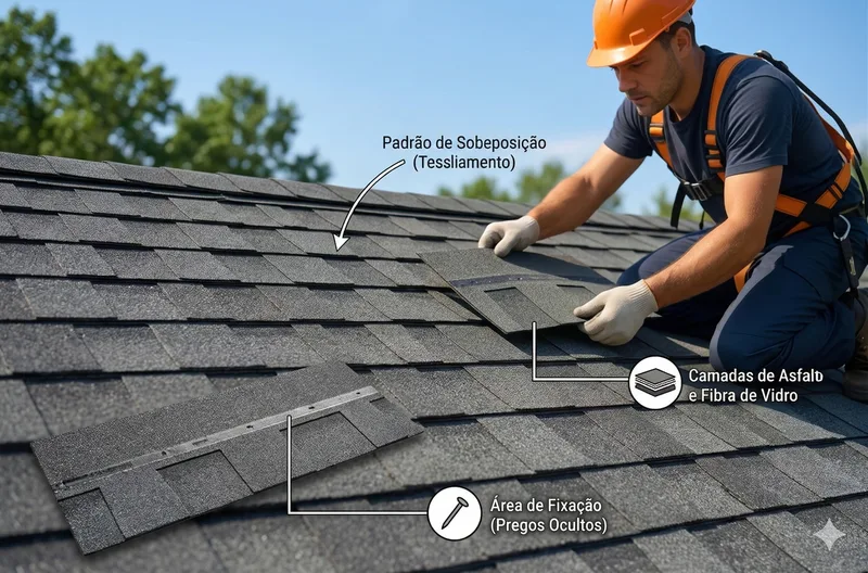 Instalador fixando telha shingle de manta asfáltica — detalhe das camadas e padrão de sobreposição