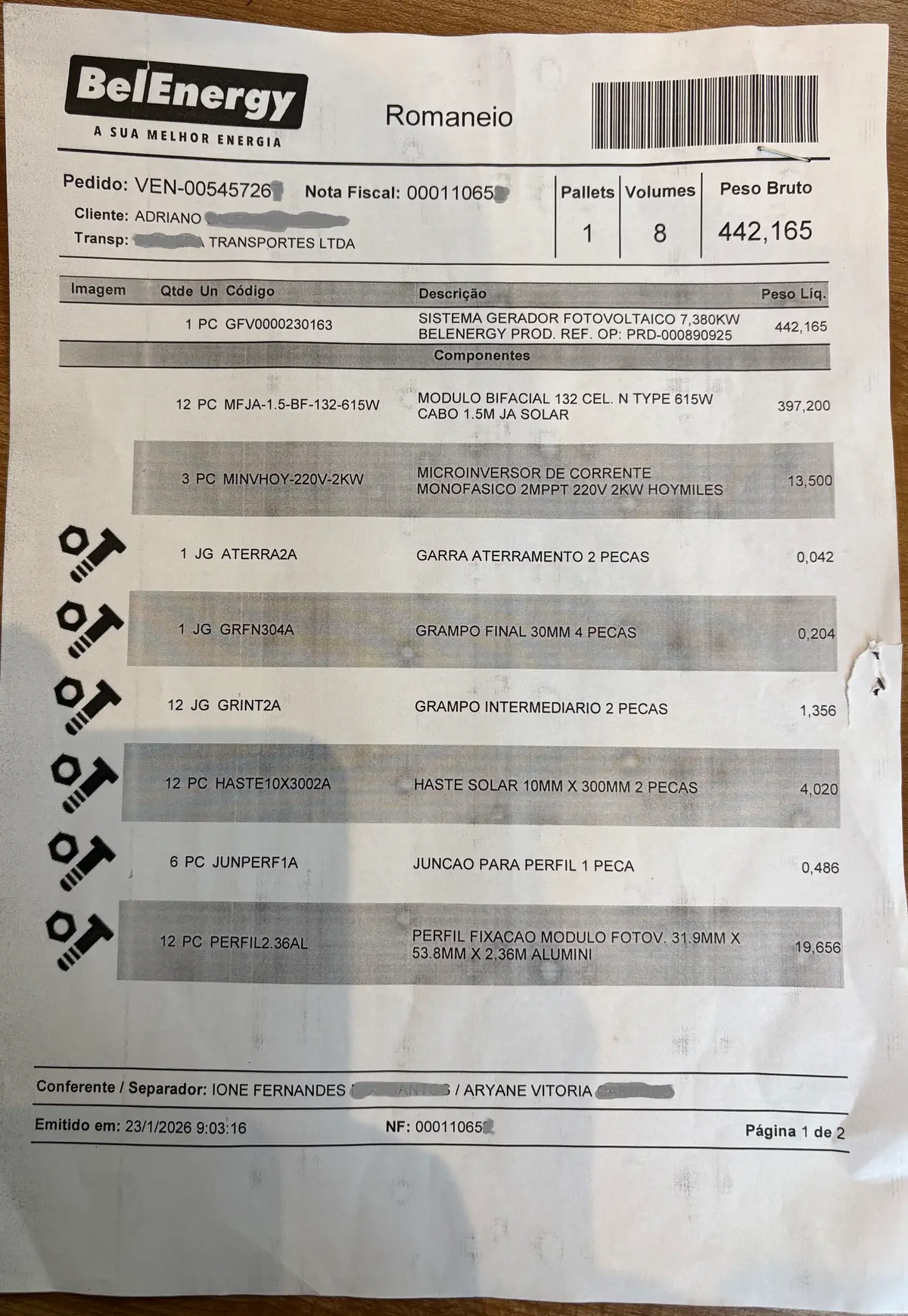 Romaneio real de kit fotovoltaico com lista de módulos, inversor e estrutura de fixação