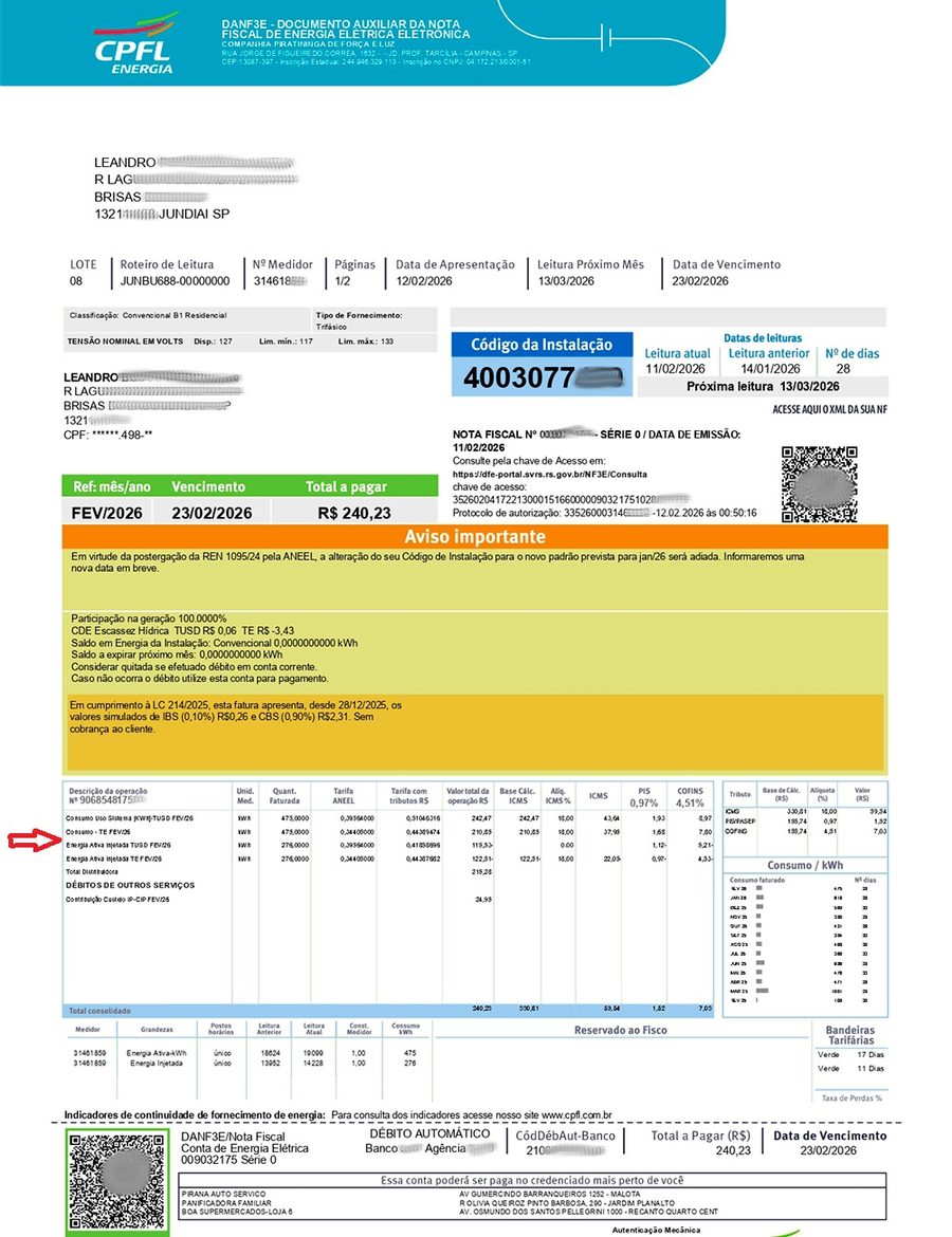 Conta de luz CPFL real com energia solar — dados reais analisados no app
