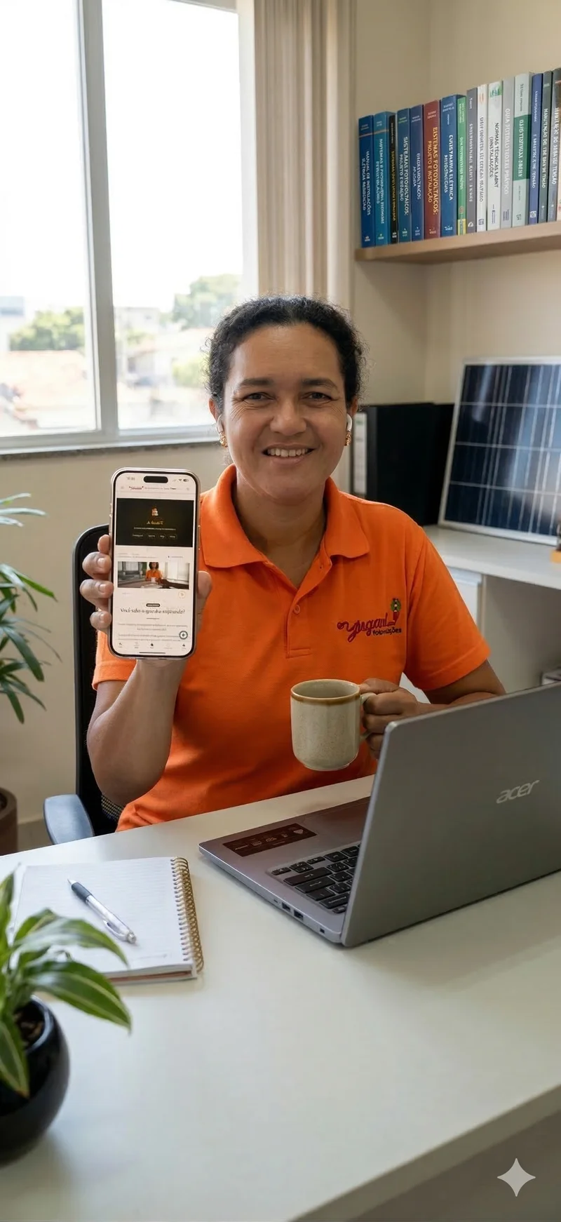 Laura Elisa mostrando o app Eu, Gerente Solar no celular
