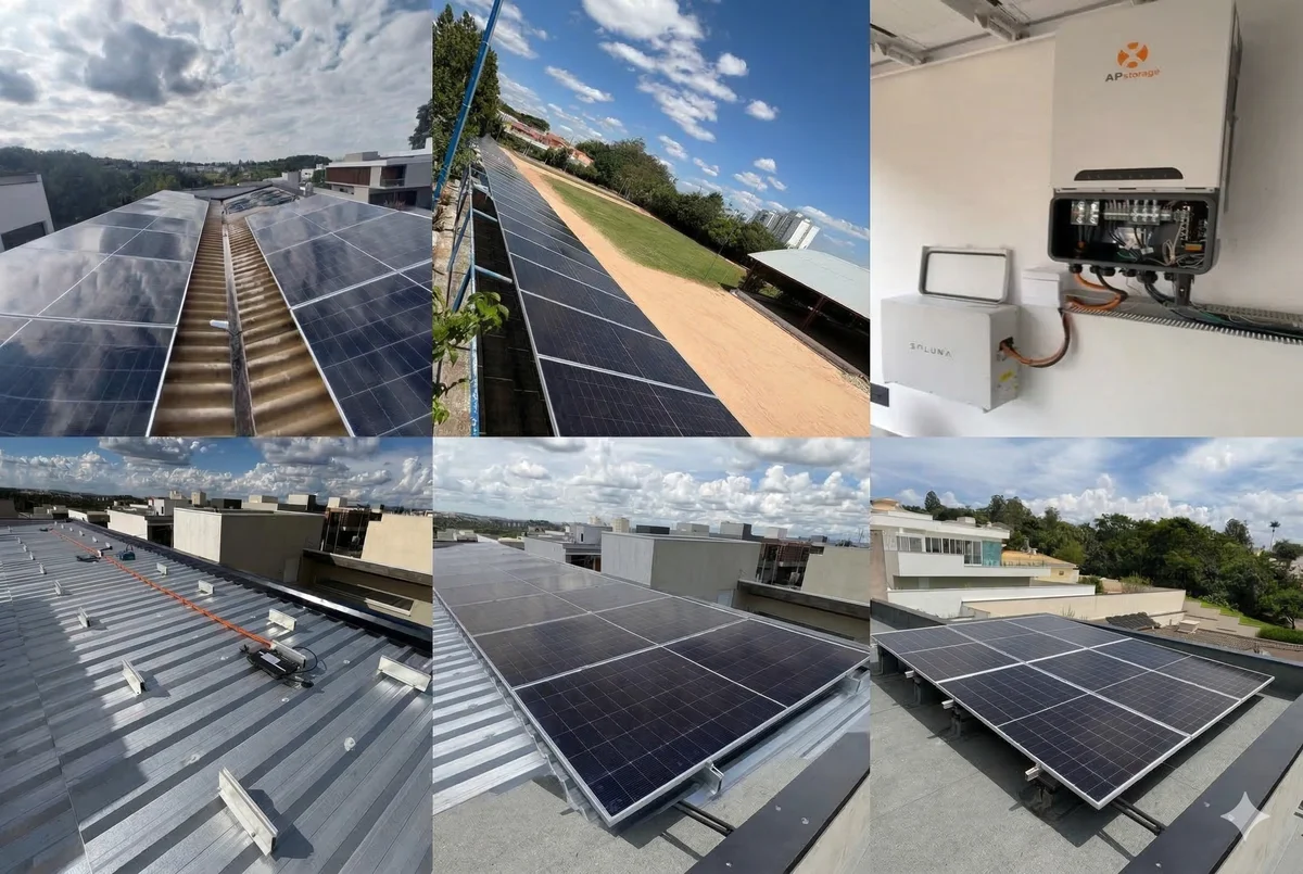 Mosaico de instalações solares reais feitas pela Jugaad Instalações Elétricas