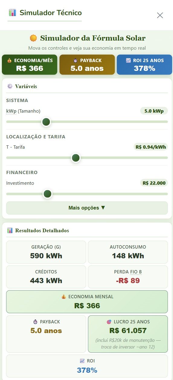 Simulador Técnico Solar — economia mensal, payback e ROI calculados em tempo real